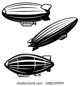 Set of aerostat illustrations on white background. airships zeppelins. Design elements for logo, label, emblem, sign. Vector image