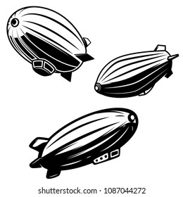 Set of aerostat illustrations on white background. airships zeppelins. Design elements for logo, label, emblem, sign. Vector image