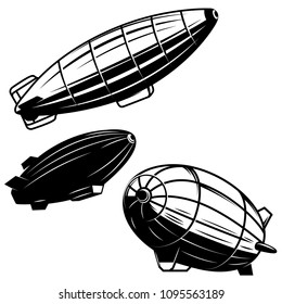 Set of aerostat illustrations on white background. airships zeppelins. Design elements for logo, label, emblem, sign. Vector image