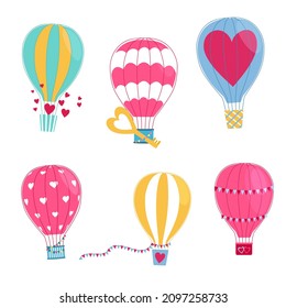 A set of aerostat for Valentine Day. Hot air balloons with hearts, flags and keys. Design elements for February 14