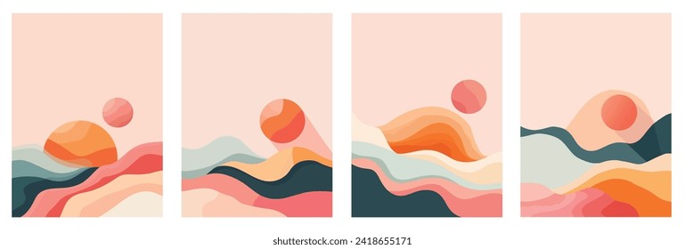 Set of Aestethic Pinky Printable Poster Interior Decortion, Minimalist Style for Wall Art , Abstract Mountain Landscape