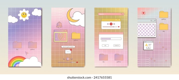set of aesthetic 90s retro vaporwave post and story template. Social media stories and posts with old nostalgic computer aesthetic ui elements