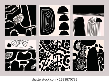 Set of aesthetic abstract composition shapes and doodles black and white vector illustration background.