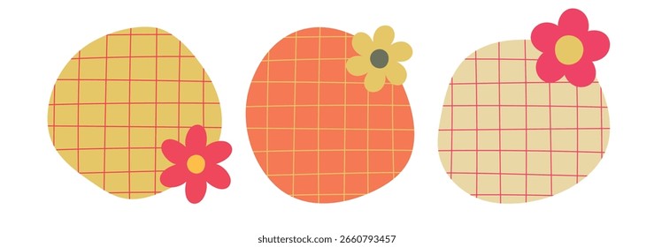 Set of Aesthetic circle chat bubble with grid lines and cute flower. Multi-color Hand-drawn speech bubble, sticky note doodle vector illustration. yellow, orange, pink.