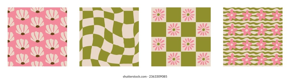 Set of Aesthetic Contemporary printable retro groovy flowers seamless pattern. Decorative Hippie Naive 60's, 70's style Vintage boho background in minimalist style for fabric, wallpaper or wrapping