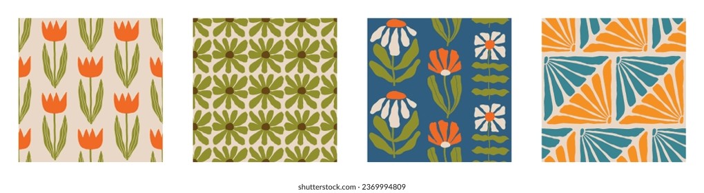 Set of Aesthetic Contemporary printable retro groovy flowers seamless pattern. Decorative Hippie Naive 60's, 70's style Vintage boho background in minimalist style for fabric, wallpaper or wrapping