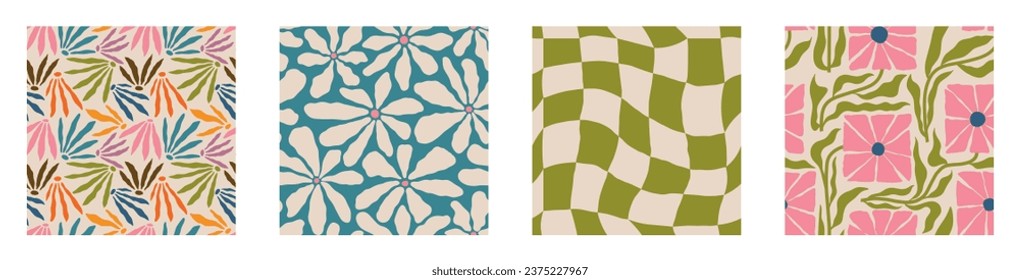 Set of Aesthetic Contemporary printable retro groovy flowers seamless pattern. Decorative Hippie Naive 60's, 70's style Vintage boho background in minimalist style for fabric, wallpaper or wrapping