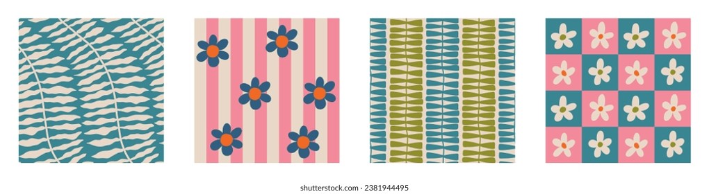 Set of Aesthetic Contemporary printable retro groovy flowers seamless pattern. Decorative Hippie Naive 60's, 70's style Vintage boho background in minimalist style for fabric, wallpaper or wrapping
