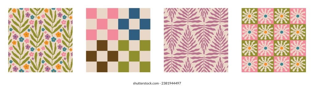 Set of Aesthetic Contemporary printable retro groovy flowers seamless pattern. Decorative Hippie Naive 60's, 70's style Vintage boho background in minimalist style for fabric, wallpaper or wrapping