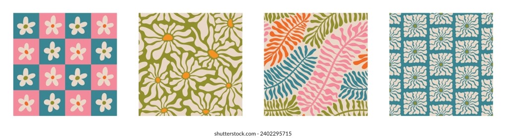 Set of Aesthetic Contemporary printable retro groovy flowers seamless pattern. Decorative Hippie Naive 60's, 70's style Vintage boho background in minimalist style for fabric, wallpaper or wrapping