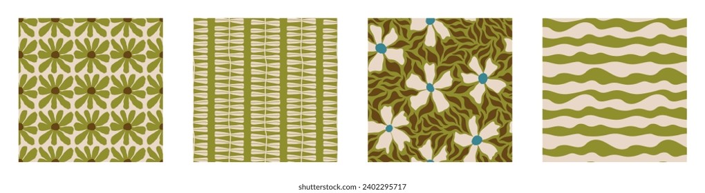 Set of Aesthetic Contemporary printable retro groovy flowers seamless pattern. Decorative Hippie Naive 60's, 70's style Vintage boho background in minimalist style for fabric, wallpaper or wrapping
