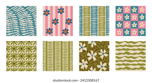 Set of Aesthetic Contemporary printable retro groovy flowers seamless pattern. Decorative Hippie Naive 60's, 70's style Vintage boho background in minimalist style for fabric, wallpaper or wrapping