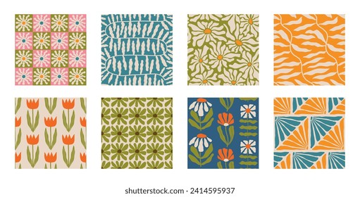 Set von ästhetischen Gegenwartsdruckbaren Retro-Groovy Blumen nahtlose Muster. Dekorative Hippie Naive 60's, Vintage-Boho-Hintergrund im Stil der 70er Jahre, minimalistisch für Stoff, Tapete oder Verpackung