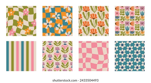 Set of Aesthetic Contemporary printable retro groovy flowers seamless pattern. Decorative Hippie Naive 60's, 70's style Vintage boho background in minimalist style for fabric, wallpaper or wrapping