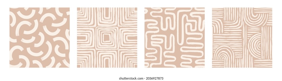 Set Aesthetic Contemporary printable seamless pattern with abstract Minimal elegant line brush stroke shapes and line in nude colors. Pastel boho background in minimalist mid century style vector