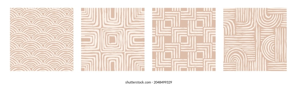 Set Of Aesthetic Contemporary Printable Seamless Pattern With Abstract Line Brush Stroke Shapes And Line In Nude Colors. Pastel Boho Background In Minimalist Mid Century Style Vector Illustration Wall