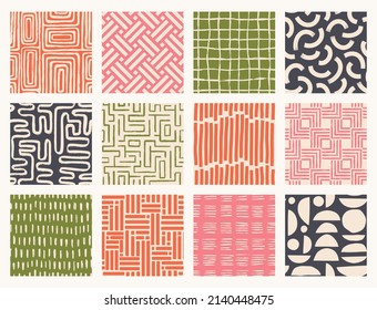 Set Aesthetic Contemporary printable seamless pattern with abstract line brush stroke shapes and line in nude colors. Pastel boho background in minimalist mid century style vector Illustration wall