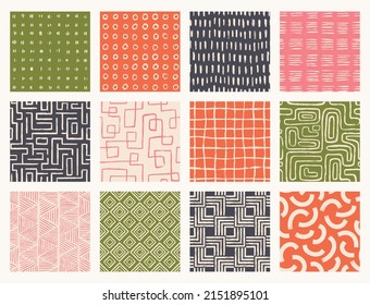 Set Aesthetic Contemporary printable seamless pattern with abstract line brush stroke shapes and line in nude colors. Vibrant boho background in minimalist mid century style vector Illustration wall