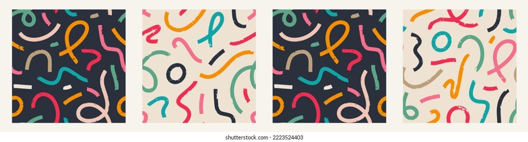 Set of Aesthetic Contemporary printable seamless pattern with abstract Minimal elegant line brush stroke shapes and line in nude colors. Pastel boho background in minimalist mid century style  wall