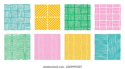 Conjunto de patrones estéticos contemporáneos imprimibles sin fisuras con formas abstractas de pincel de línea minimalista elegante y línea en colores vibrantes.
