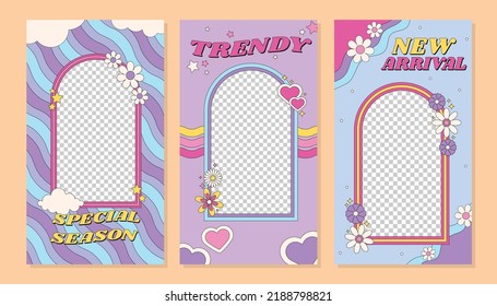 Set of aesthetic cute groovy frame fashion promotion social media stories posts frames template design