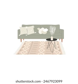 Set of Aesthetic Furniture. Mint sofa with decorative macrame pillows and boho rug and coffee table.