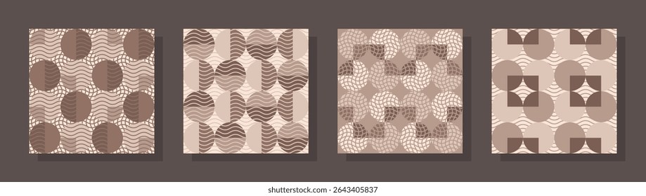 Set of aesthetic geometric seamless pattern with circles, semicircles, wavy lines. Modern trendy hand made geometry abstract printable pattern ideas for textile, home decor, banner, template, poster.