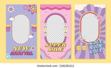 Set of aesthetic groovy promotion social media stories posts frames template design