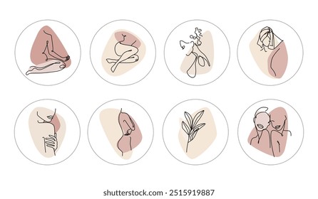 A set of aesthetic highlights in line art style for a women's spa. Vector illustration.