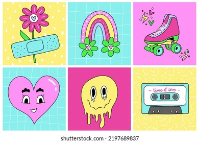 Set of aesthetic illustrations. Cartoon square posters, sticker pack, enamel pins, street wear, patchworks. Heart, daisy with patch, rainbow, roller skates, psychadelic face, tape. 1990s girly style.