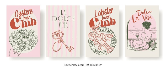 Conjunto de cartazes estéticos com tema italiano com ostras, lagosta, chave e mulher bebendo vinho. Texto "Oysters Lover Club", "Lobster Lover Club", e "La Dolce Vita". Desenho vintage costeiro, Mediterrâneo