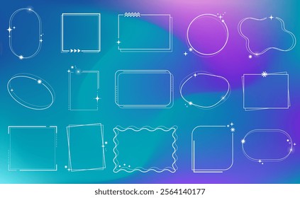 Set of aesthetic linear frames. Simple shapes, symbols and frames y2k style. Frame with sparkles. Vector illustration frame set.