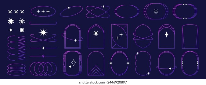 Set of aesthetic linear frames, trendy minimalist lines, arcs with sparkles and minimal decoration elements isolated on blue background. Purple gradient line arch or simple borders in boho style.