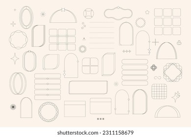 Set of aesthetic linear geometric frames. Modern minimalist decorative vector line elements, frames for social media, print, postcards