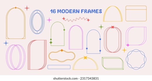Set of aesthetic linear geometric frames. Modern colorful minimalist decorative vector line elements, frames, various geometric shapes