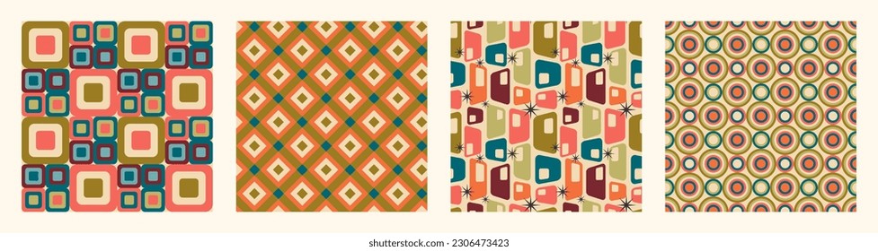 Set of Aesthetic mid century printable seamless pattern with retro design. Decorative 50`s, 60's, 70's style Vintage modern background in minimalist mid century style for fabric, wallpaper or wrapping