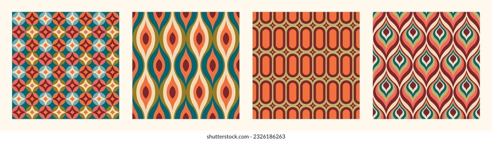 Set of Aesthetic mid century printable seamless pattern with retro design. Decorative 50`s, 60's, 70's style Vintage modern background in minimalist mid century style for fabric, wallpaper or wrapping svg