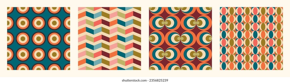 Set of Aesthetic mid century printable seamless pattern with retro design. Decorative 50`s, 60's, 70's style Vintage modern background in minimalist mid century style for fabric, wallpaper or wrapping