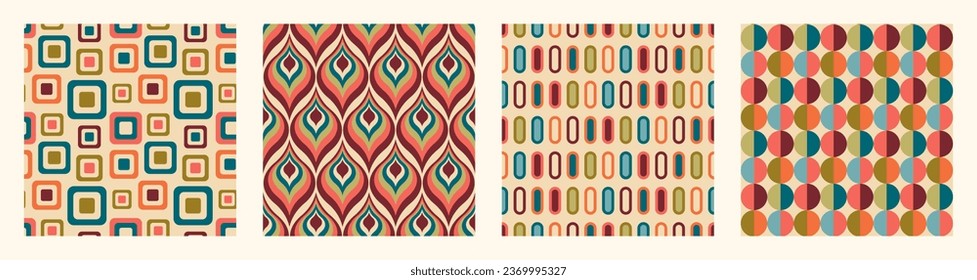 Set of Aesthetic mid century printable seamless pattern with retro design. Decorative 50`s, 60's, 70's style Vintage modern background in minimalist mid century style for fabric, wallpaper or wrapping