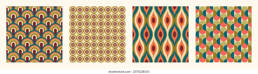 Set of Aesthetic mid century printable seamless pattern with retro design. Decorative 50`s, 60's, 70's style Vintage modern background in minimalist mid century style for fabric, wallpaper or wrapping