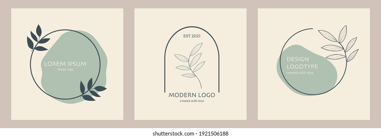 Conjunto estético mínimo de logotipo verde y beige con hoja, colección vectorial para marcas, salón de belleza, spa