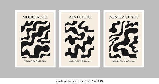 Set von ästhetischen minimalistischen Boho-Plakaten. Vektorgrafik flache Darstellung gewellter organischer Formen. Bohemian trendiger dynamischer Druck