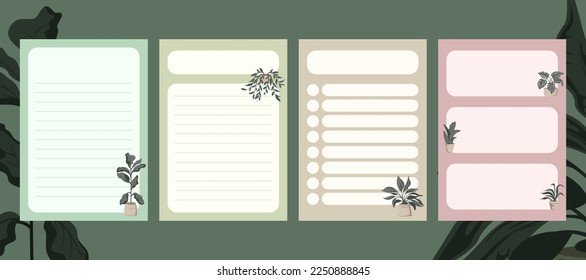 set of aesthetic minimalist daily planner, note sheet page, to do and shopping list with boho green plant illustration