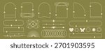 Set of aesthetic, minimalist line art frames and borders featuring arches, geometric shapes, and text dividers embellished with sparkles and stars