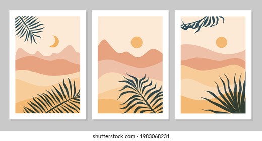 Set Of Aesthetic Modern Natural Abstract Landscape Background With Mountain, Leaf, Sky, Sun And Moon. Minimalist Boho Poster Cover Template. Design For Print, Postcard, Wallpaper, Wall Art.