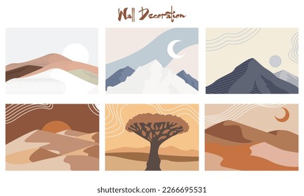 Set von ästhetischen modernen, abstrakten Landschaft Hintergrund mit Berg, Dessert, Himmel, Sonne und Hügel. Minimalistische Boho-Plakatbedeckungsvorlage. Design für Druck, Postkarte, Tapete, Tapete