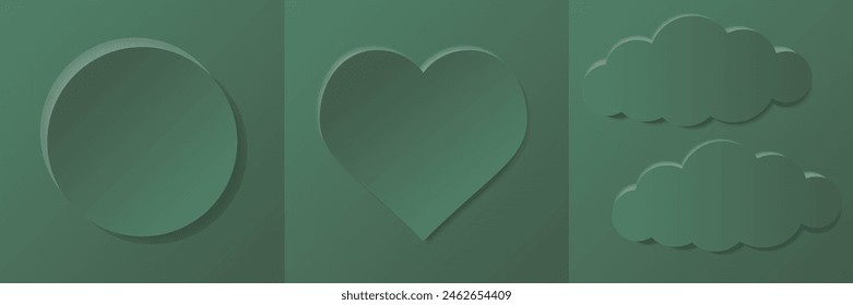Set of aesthetic pastel color green background frame with circle, heart and clouds in minimalistic design