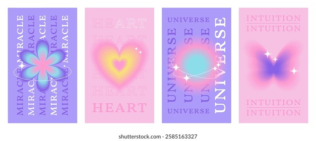 Set of aesthetic pastel-colored typography posters with soft glowing elements. Aura gradient heart, butterfly, flower, planet with blur effect. Miracle, universe, intuition wallpaper 2000s.