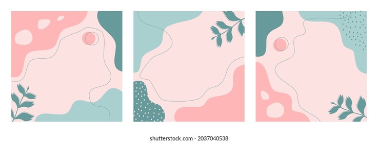 Set of aesthetic pink abstract background, shape, doodle on pastel color for banner, flyer, social media, post, feed, template, cover, print. Trendy modern organic background with copy space text.