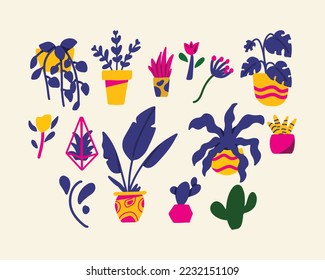 Set of aesthetic plant vibrant color withcactus, haworthia, airplant and banana plant. Vibrant Color Illustration. Vector illustrations in flat style